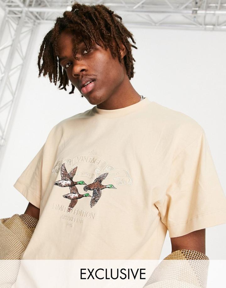 Reclaimed Vintage Inspired Organic Cotton T-shirt With Duck Embroidery In Stone-neutral