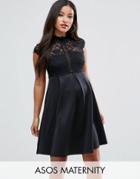 Asos Maternity High Neck Mini Skater Dress With Lace Top - Black