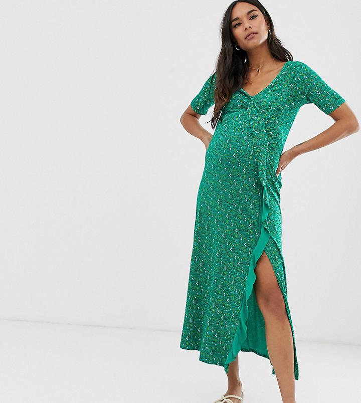 Asos Design Maternity Long Sleeve Wrap Maxi Dress In Ditsy Print - Multi
