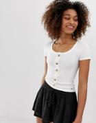 Hollister Henley T-shirt With Button Front-white