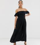 Asos Design Petite Off Shoulder Crinkle Maxi Dress-black
