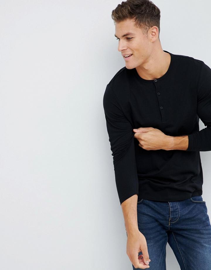 Asos Design Long Sleeve T-shirt With Grandad Neck In Black - Black
