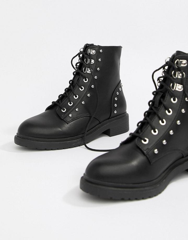 Miss Selfridge Lace Up Military Boots With Stud Detail In Black - Black