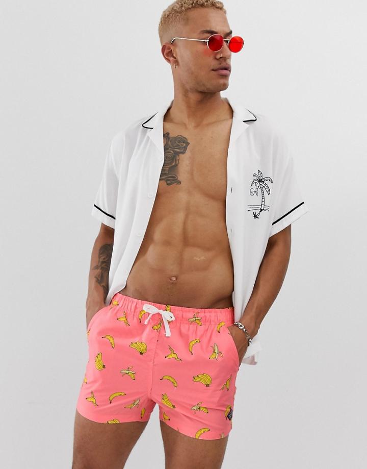 Bershka Swim Shorts In Banana Print - Pink