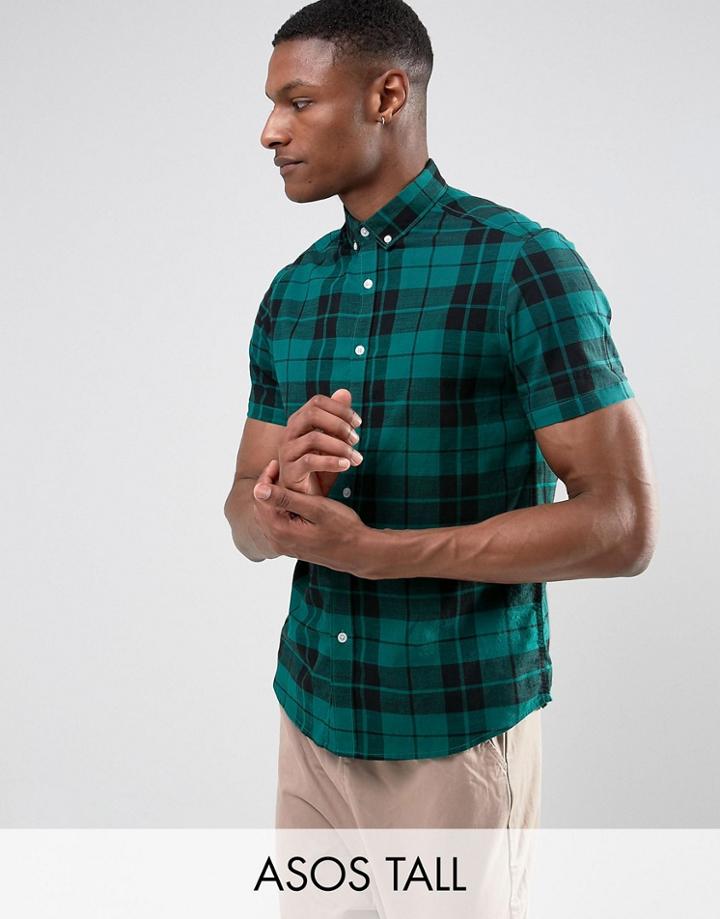 Asos Tall Stertch Slim Poplin Check Shirt In Green - Green