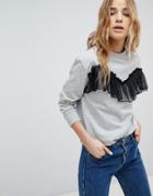 Brave Soul Amelie Sweatshirt With Lace Frill - Gray