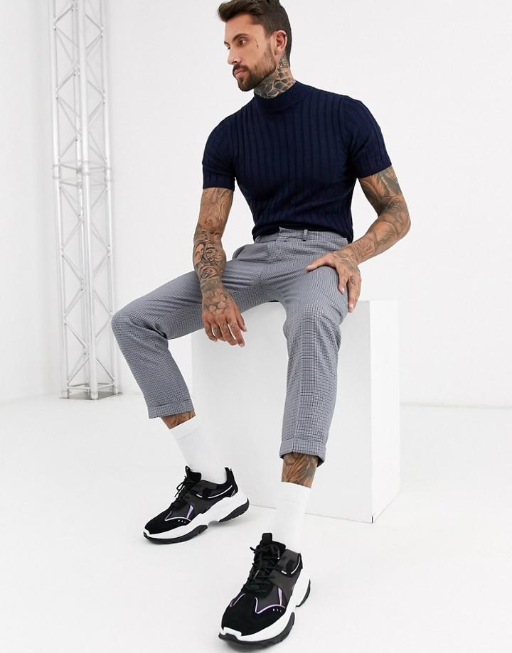 Asos Design Knitted Ribbed Turtleneck T-shirt In Navy Twist