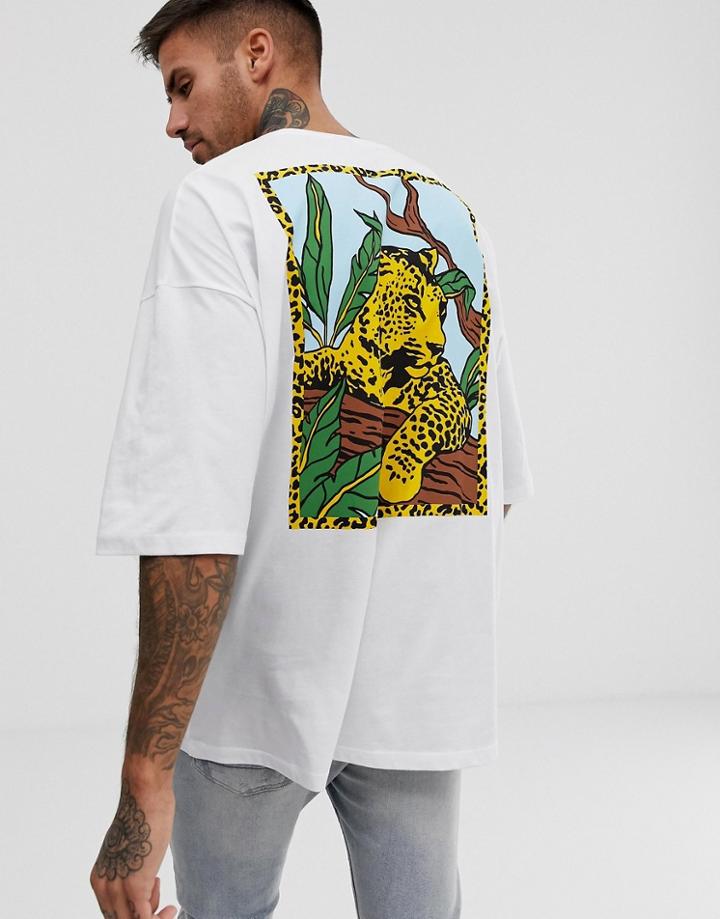 Asos Design Oversized T-shirt With Back Leopard Print - White