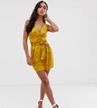 Asos Design Cami Mini Dress With Wrap Waist In Satin - Gold