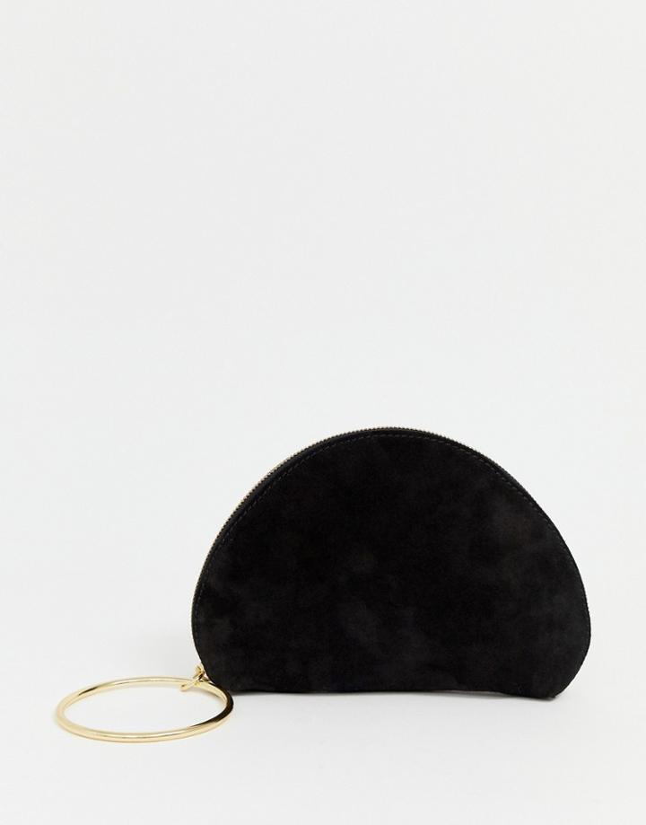 Asos Design Suede Half Moon Clutch Bag With Wristlet Ring Detail - Blue