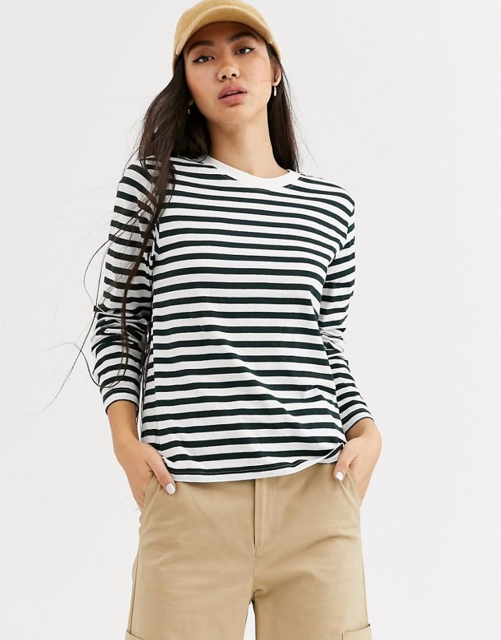 Weekday Alanis Striped Long Sleeve T-shirt In Teal And White-multi