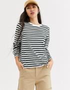 Weekday Alanis Striped Long Sleeve T-shirt In Teal And White-multi
