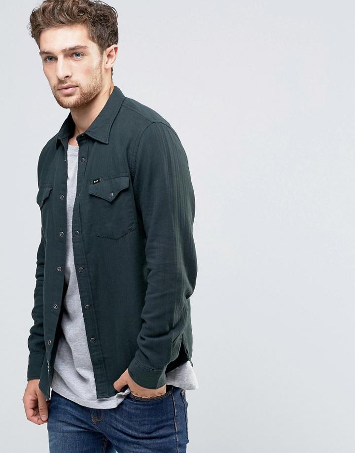 Lee Slim Western Shirt Green Herringbone - Green