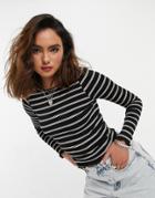 Asos Design Long Sleeve Top In Rib With Pink And Black Stripe-multi
