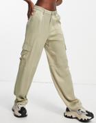 Pull & Bear Satin Straight Leg Cargo Pants In Sage Green