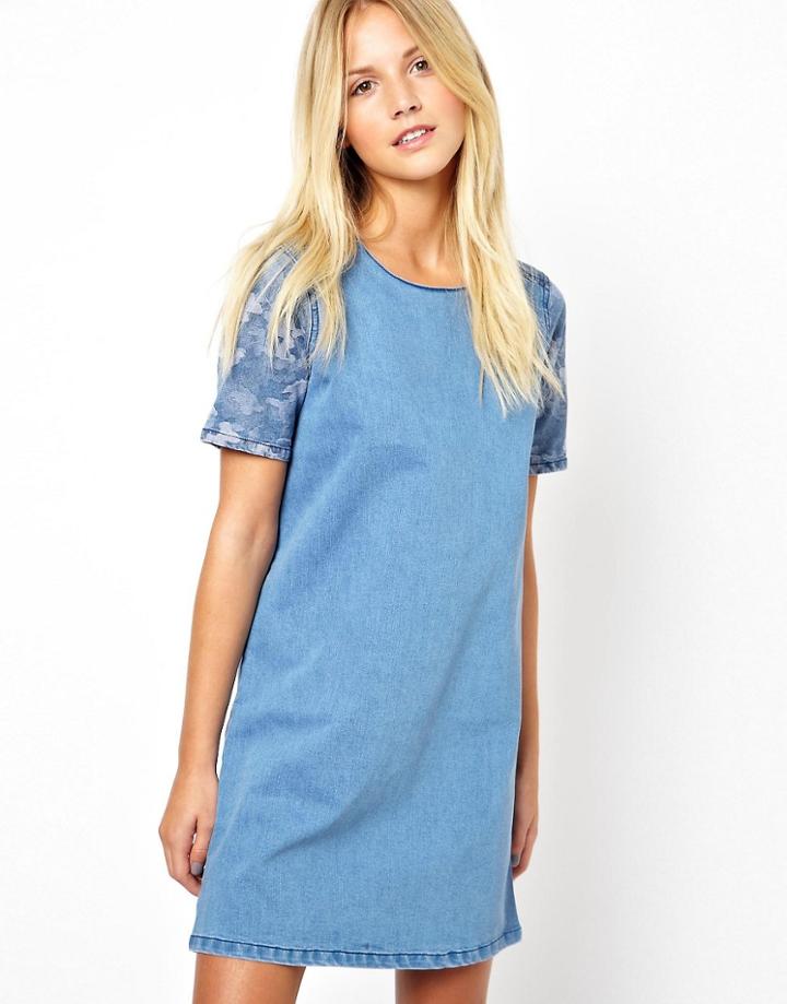Asos Denim Tunic Dress With Camo Print Panel - Blue