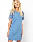 Asos Denim Tunic Dress With Camo Print Panel - Blue