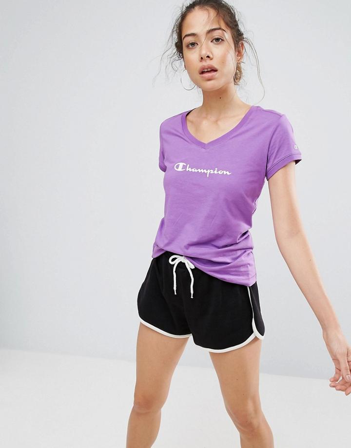 Champion Logo V-neck T Shirt - Purple