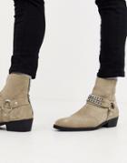 Asos Design Stacked Heel Western Chelsea Boots In Stone Suede With Buckle And Chain Detail - Stone