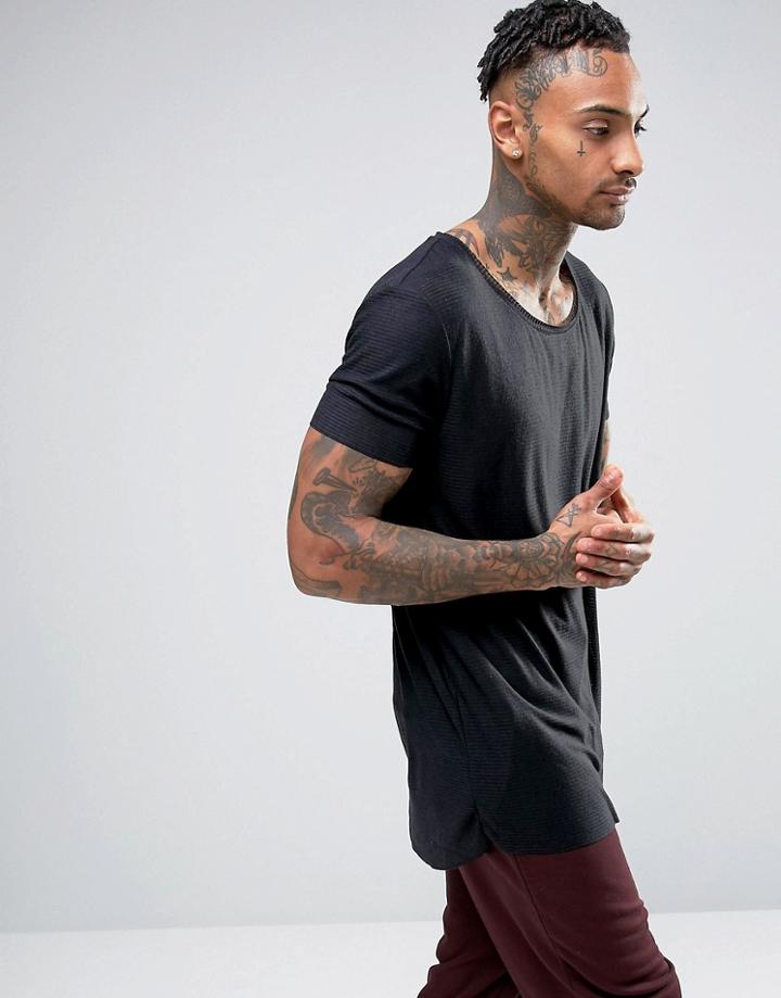 Asos Super Longline T-shirt With Scoop Back Hem In Sheer Rib - Black