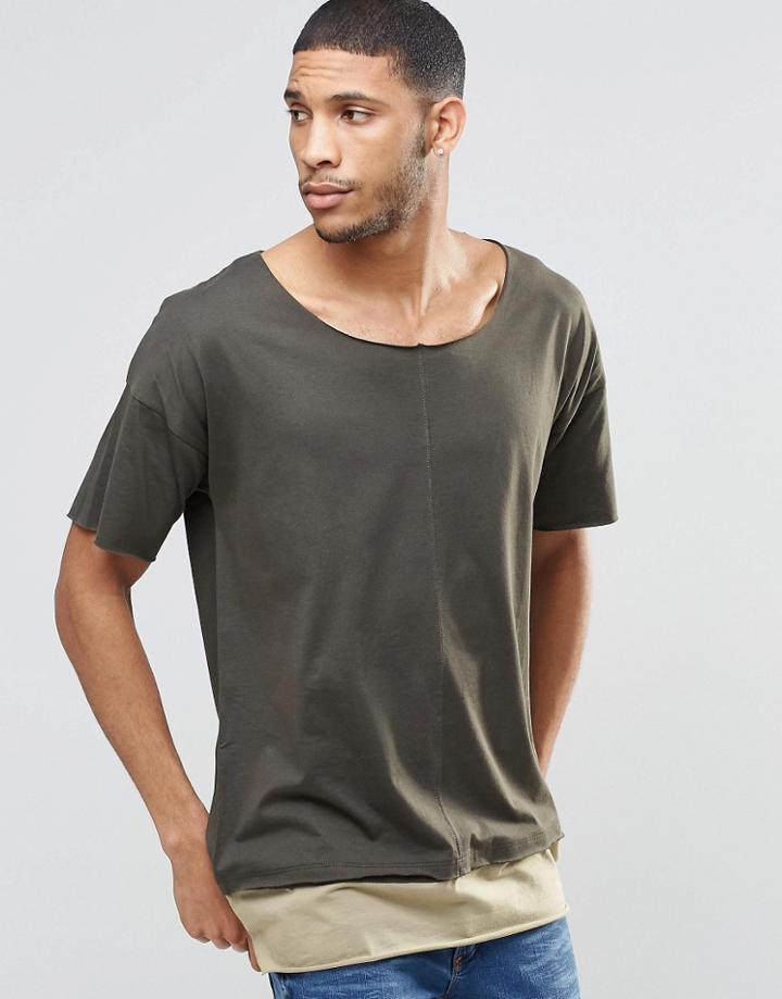 Asos Super Longline T-shirt With Seam Detail And Boat Neck In Mock Double Layer In Green - Comrade Khaki