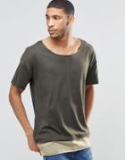 Asos Super Longline T-shirt With Seam Detail And Boat Neck In Mock Double Layer In Green - Comrade Khaki