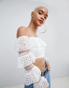 Prettylittlething Lace Tiered Sleeve Crop Top - White