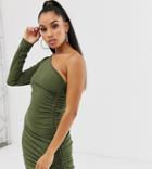 Fashionkilla Petite Going Out One Shoulder Long Sleeve Ruched Side Mini Dress In Khaki - Green