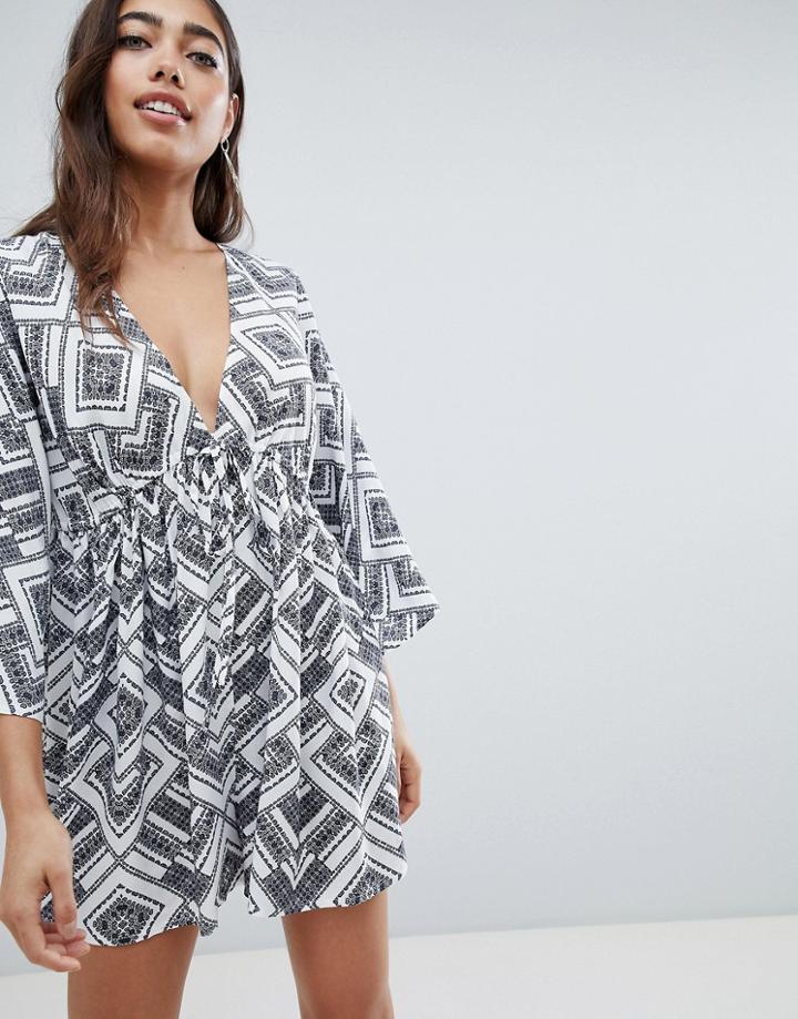 Asos Design Smock Romper With Tie Waist In Tile Print - Blue