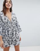 Asos Design Smock Romper With Tie Waist In Tile Print - Blue