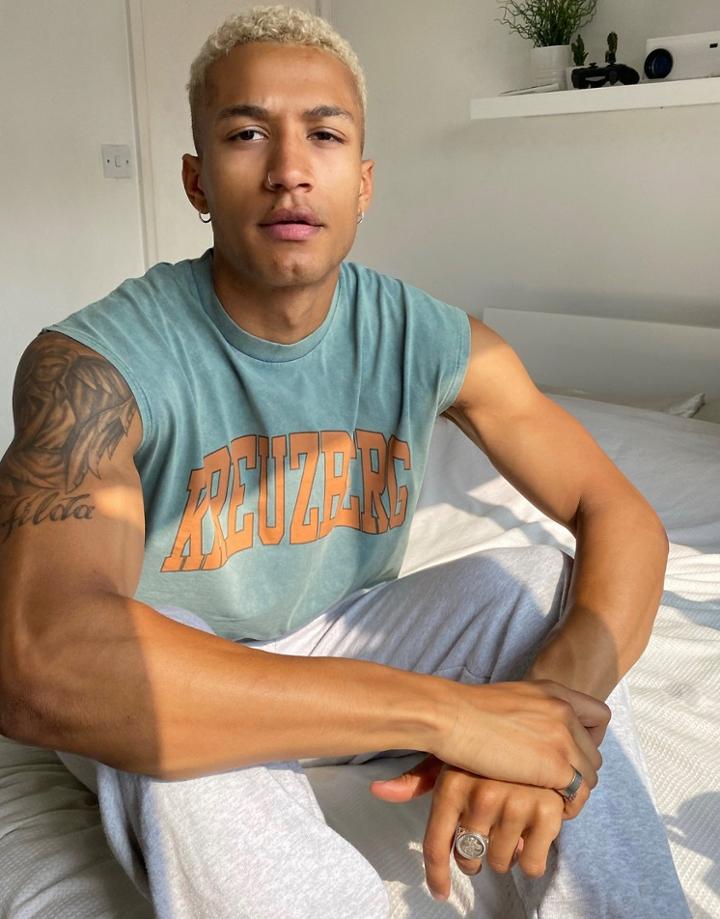 Asos Design Oversized Heavyweight Sleeveless T-shirt With City Print In Green Heavy Acid Wash