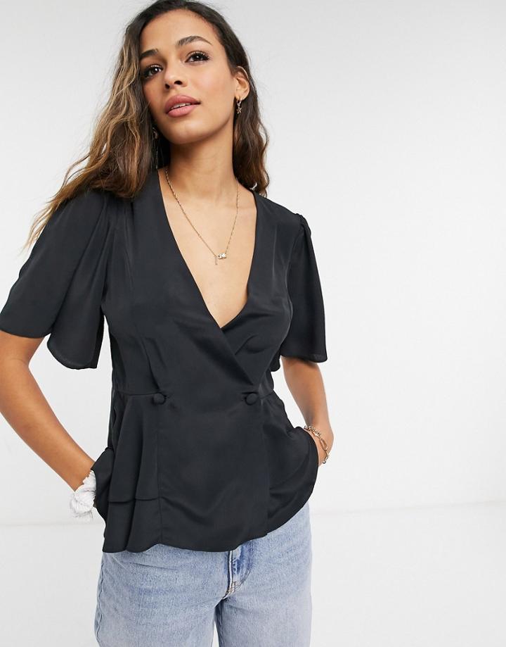 Asos Design Tux Top With Angel Sleeve And Button Detail In Black-white
