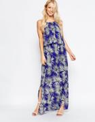 Parisian Overlay Maxi Dress In Palm Print - Blue