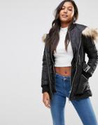 Michelle Keegan Loves Lipsy Quilted Coat With Faux Fur Hood - Black
