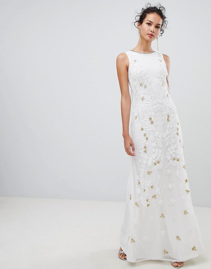 Frock & Frill Embellsihed Column Maxi Dress-white