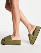 Asos Design Taya Padded Flatform Sandals In Khaki-green