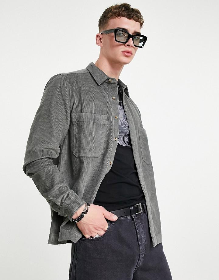 Asos Design Cord Overshirt In Charcoal-grey
