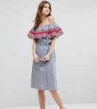 Asos Tall Off Shoulder Midi Sundress In Stripe Cotton With Embroidery - Multi