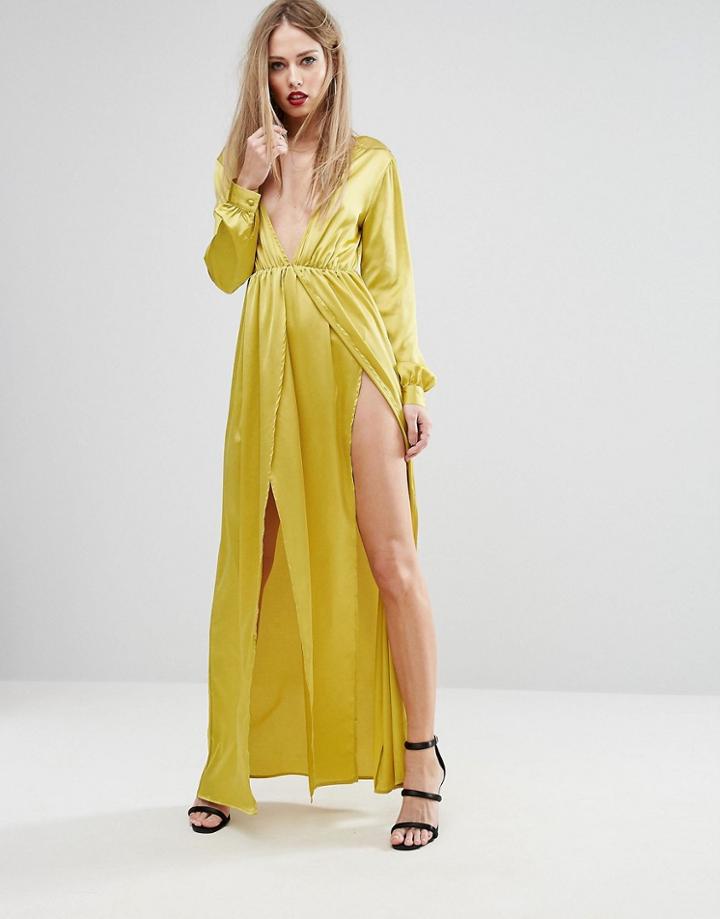 Naanaa Plunge Satin Maxi Dress With Thigh Split - Green