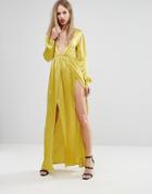Naanaa Plunge Satin Maxi Dress With Thigh Split - Green