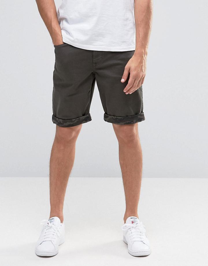 Asos Denim Shorts In Skinny Khaki With Camo Turn Up - Green