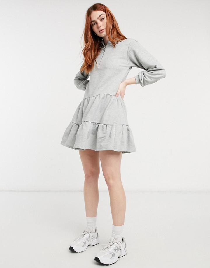 New Look Zip Tiered Sweat Mini Dress In Gray-grey