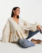 Asos Edition Oversized Wrap Smock Top With Blouson Sleeve In Cream-white