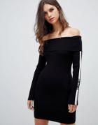Miss Sixty Off The Shoulder Ribbed Knit Dress With Arm Logo Detail - Black