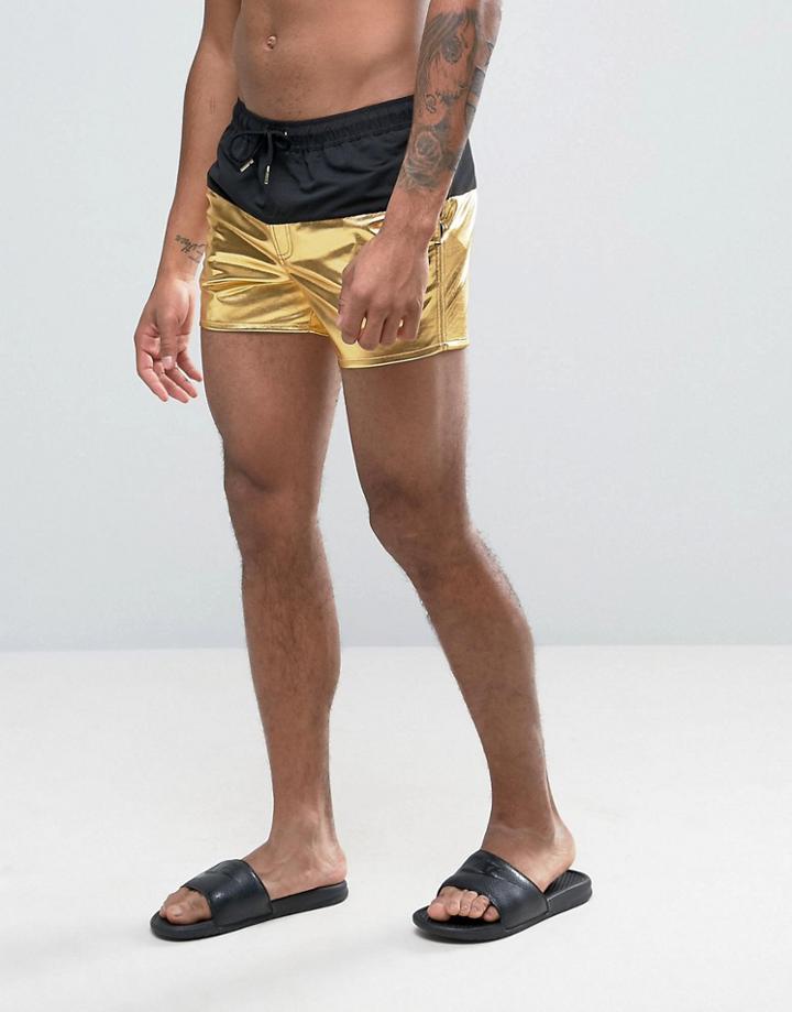 Asos Swim Shorts With Metallic Gold Panel In Short Length - Gold