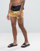 Asos Swim Shorts With Metallic Gold Panel In Short Length - Gold
