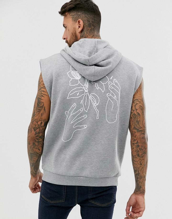 Asos Design Sleeveless Hoodie In Gray Marl With Flower Print - Gray