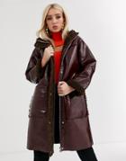 Asos Design Vinyl Parka With Fleece Lining-brown