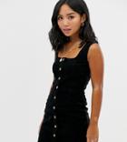 Brave Soul Petite Meena Cord Button Through Mini Dress-black
