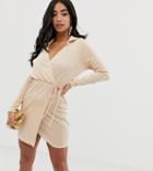 Asos Design Petite Slinky Wrap Mini Dress With Collar-white